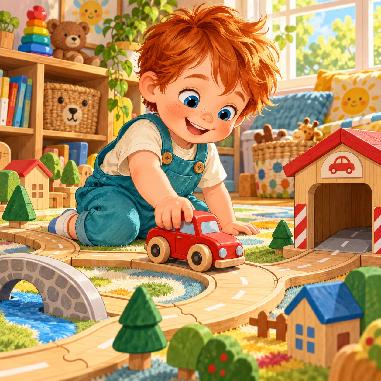 Ilustración de ejemplo: un niño pelirrojo juega con un coche rojo en una carretera de madera.