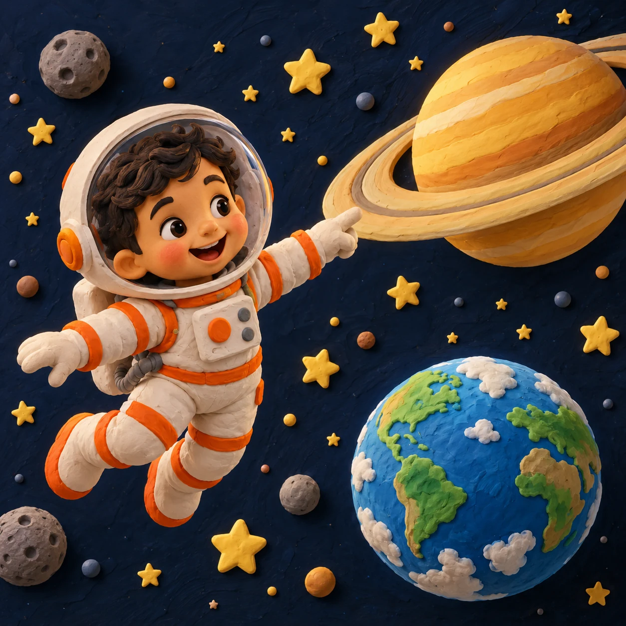 Otro ejemplo: un pequeño astronauta de plastilina descubre Saturno.