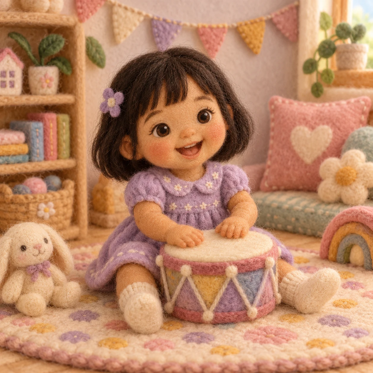 Luna, una niña de fieltro, toca un tambor en una habitación de miniatura.